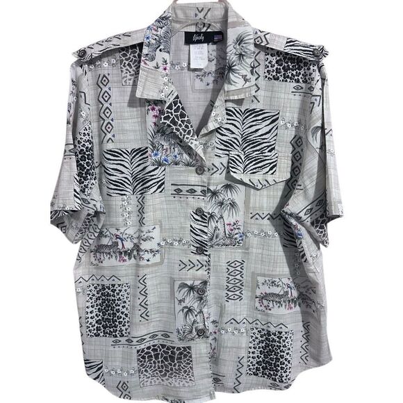 Tapestry Tops - Tapestry VTG Safari Animal Print Women’s Short Sleeve Button Down Top Size 14/16
